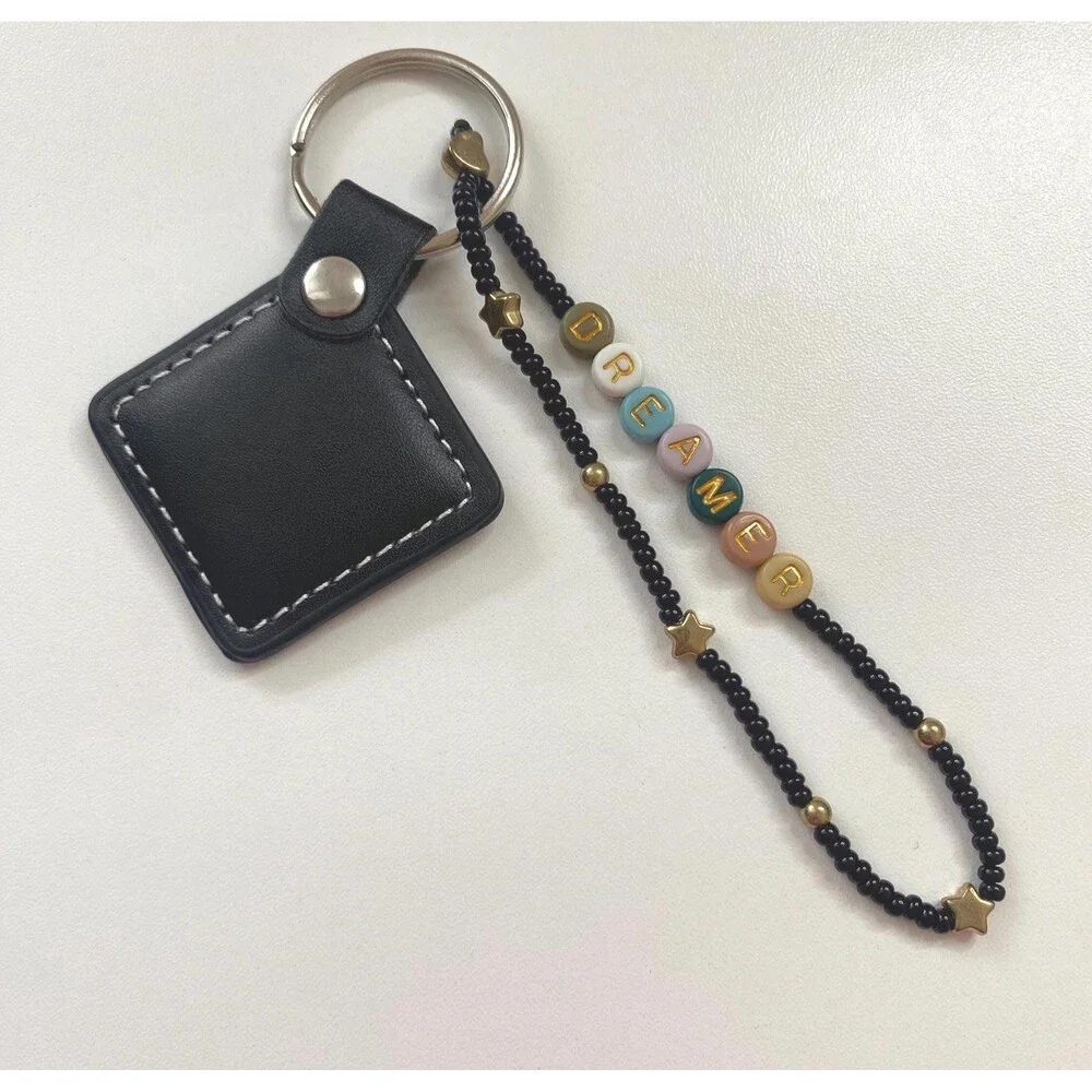 Black Beaded Faux Leather Diamond Keychain Gold Stars Dreamer Inspirational